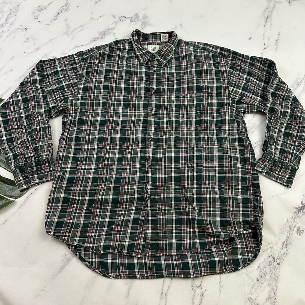 Gap Mens Vintage 90s Plaid Flannel Shirt Size L Green White Long Sleeve Buttons